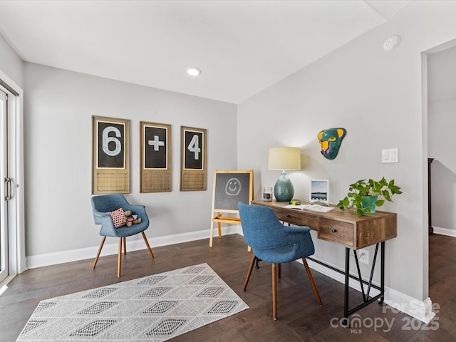 office area featuring dark wood-style flooring, recessed lighting, and baseboards