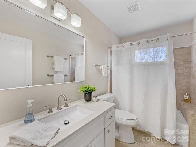 bathroom with shower / bath combination with curtain, visible vents, toilet, vanity, and tile patterned flooring