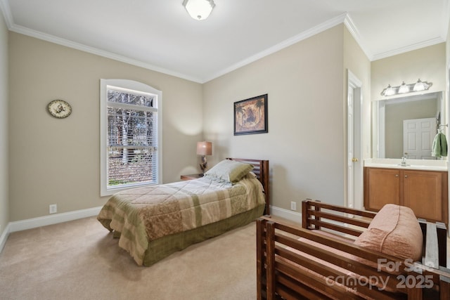 bedroom featuring light carpet, baseboards, connected bathroom, and ornamental molding