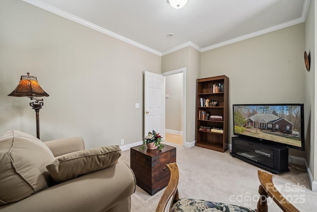 living area with light carpet, baseboards, and crown molding