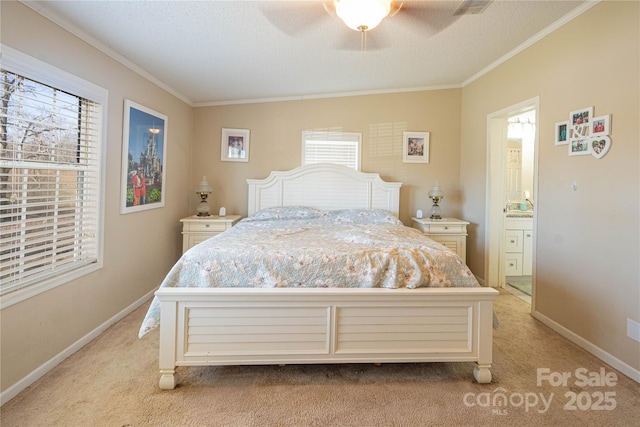 bedroom with crown molding, multiple windows, and baseboards