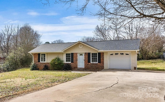 ranch-style house with driveway, brick siding, a shingled roof, an attached garage, and a front yard