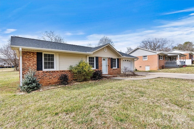 ranch-style home with brick siding, a shingled roof, concrete driveway, an attached garage, and a front lawn