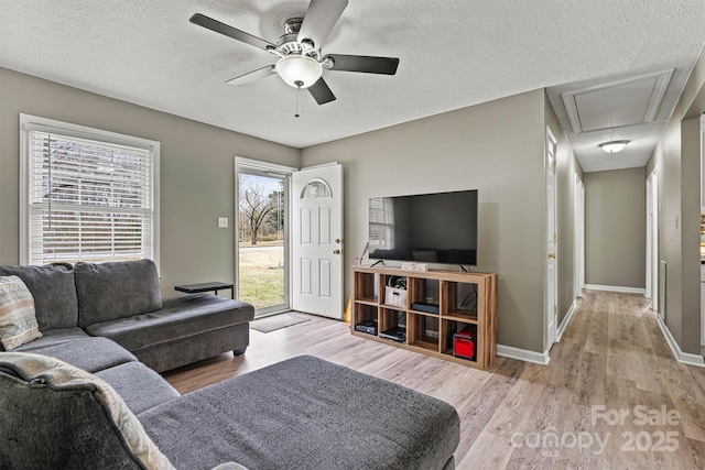 living room featuring light wood-style flooring, attic access, a ceiling fan, a textured ceiling, and baseboards