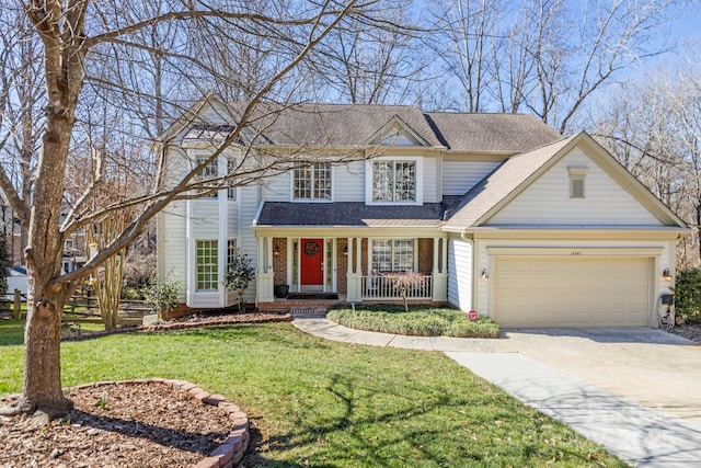 traditional-style house with an attached garage, brick siding, a shingled roof, driveway, and a front yard