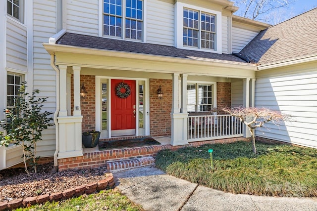 view of exterior entry with roof with shingles, a porch, and brick siding