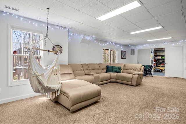 living area featuring a drop ceiling, carpet, and visible vents