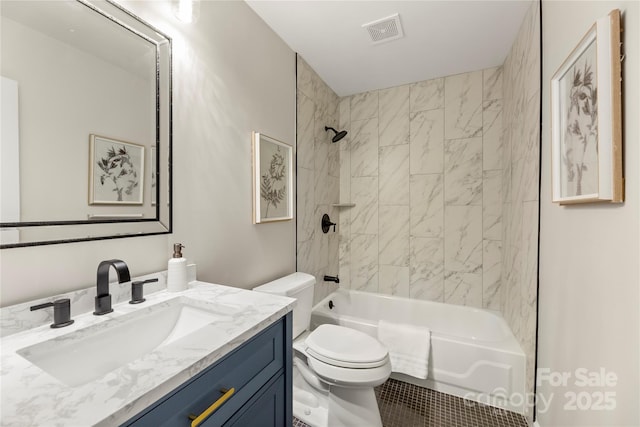 full bathroom with toilet, shower / washtub combination, vanity, and visible vents