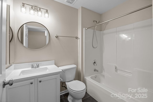 bathroom featuring shower / tub combination, toilet, vanity, visible vents, and tile patterned floors