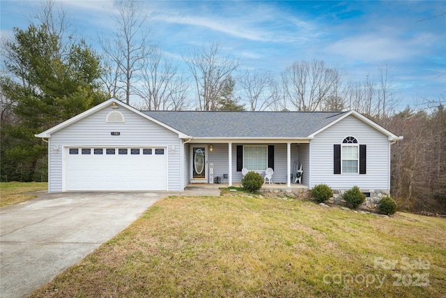 ranch-style house with roof with shingles, a porch, concrete driveway, a garage, and a front lawn