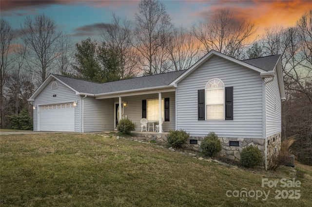 ranch-style home featuring covered porch, a garage, a yard, concrete driveway, and crawl space