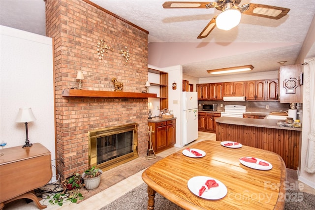 interior space with lofted ceiling, a fireplace, and a textured ceiling