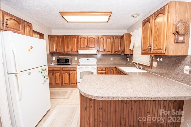 kitchen featuring light countertops, range hood, brown cabinetry, white appliances, and a sink