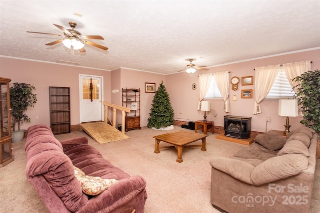 living room with a wood stove, carpet flooring, and ornamental molding