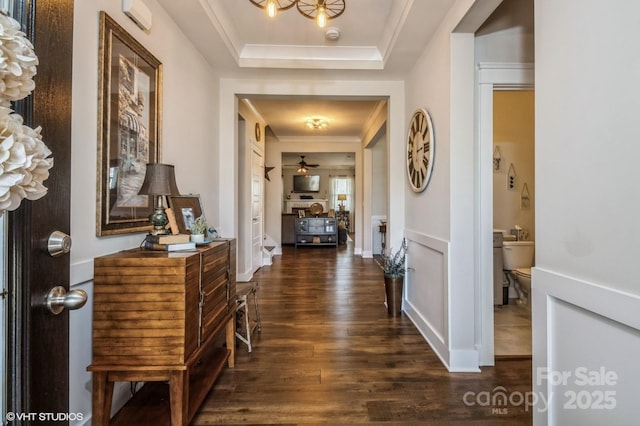 hall featuring dark wood-style floors, a tray ceiling, and ornamental molding