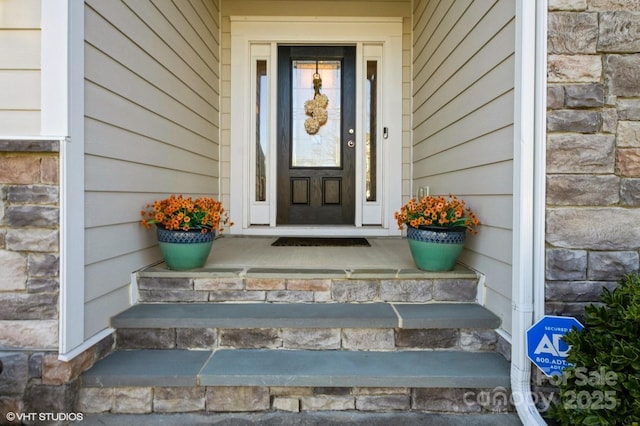 doorway to property featuring stone siding