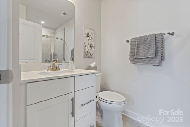 full bathroom featuring tile patterned flooring, visible vents, a shower stall, toilet, and vanity