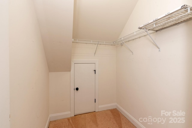 spacious closet with carpet and lofted ceiling