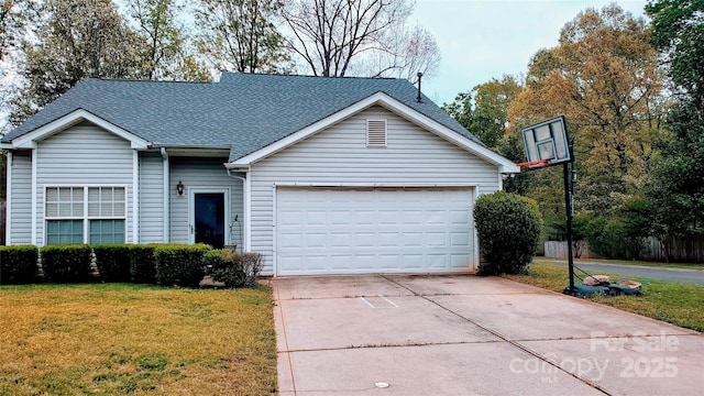 ranch-style home featuring a front lawn, an attached garage, concrete driveway, and roof with shingles