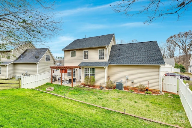 back of property featuring a patio, a fenced backyard, cooling unit, a yard, and a pergola