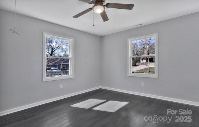 empty room featuring baseboards, dark wood finished floors, visible vents, and a healthy amount of sunlight