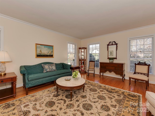 living area with ornamental molding, baseboards, and wood finished floors