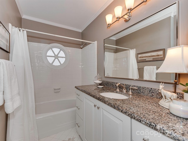 full bathroom with ornamental molding, tile patterned floors, vanity, and shower / tub combo with curtain