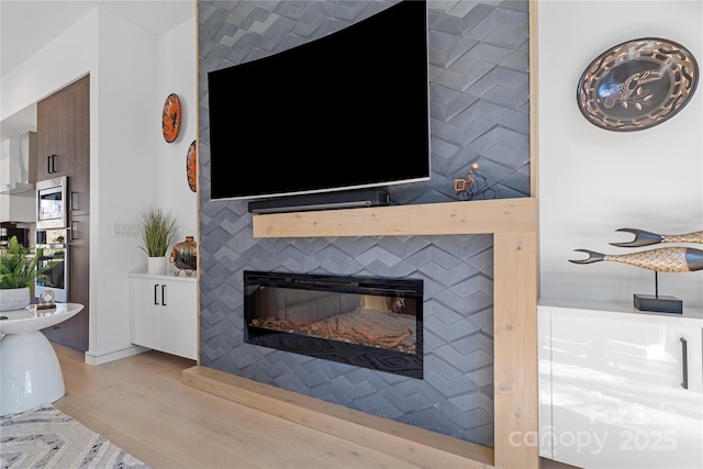 living room featuring a fireplace and wood finished floors