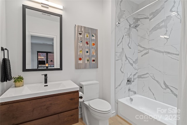 full bathroom with visible vents, tub / shower combination, vanity, and toilet