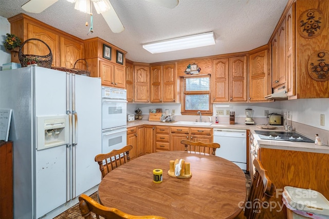 kitchen featuring light countertops, white appliances, a sink, and brown cabinets