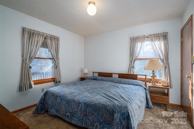 bedroom featuring a textured ceiling, baseboards, and carpet flooring