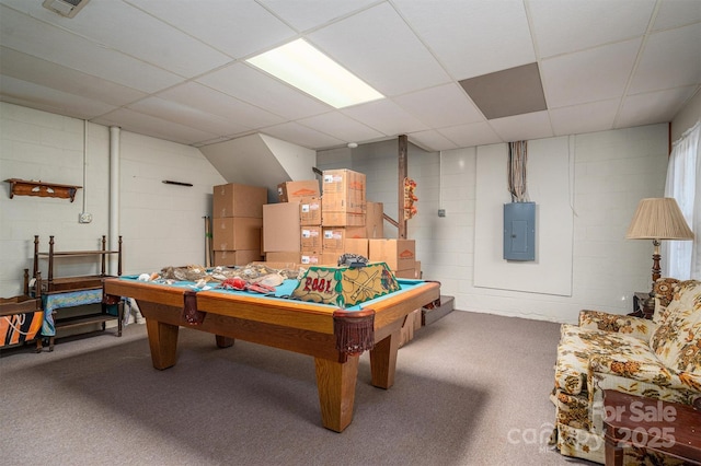 rec room with concrete block wall, pool table, visible vents, carpet flooring, and electric panel