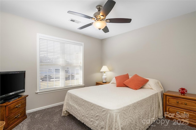 bedroom with a ceiling fan, dark carpet, visible vents, and baseboards