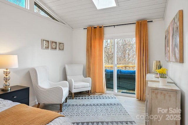 bedroom with lofted ceiling, access to outside, wood ceiling, and light wood-style flooring