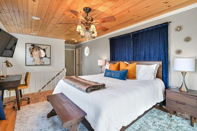 bedroom featuring a ceiling fan, wood finished floors, wood ceiling, and crown molding