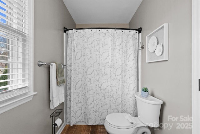 bathroom featuring toilet, curtained shower, and wood finished floors