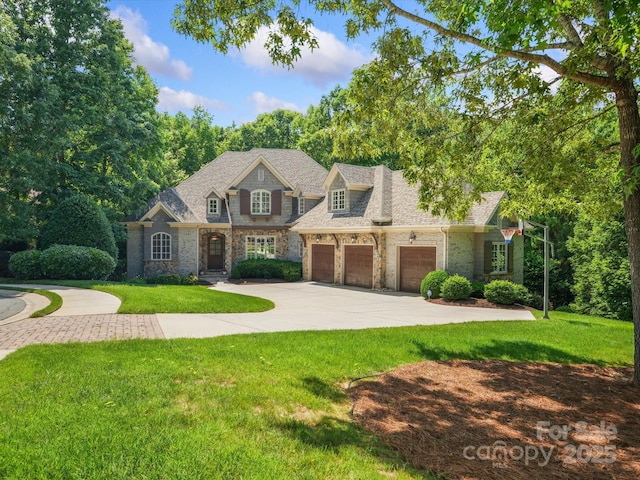 view of front facade with driveway, an attached garage, a shingled roof, and a front yard