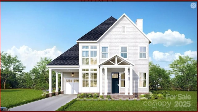 view of front of house featuring a garage, driveway, roof with shingles, a chimney, and a front yard