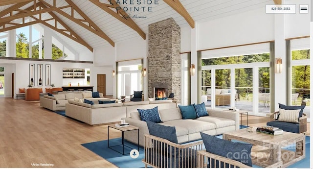 living area featuring high vaulted ceiling, a fireplace, wood finished floors, wood ceiling, and beam ceiling