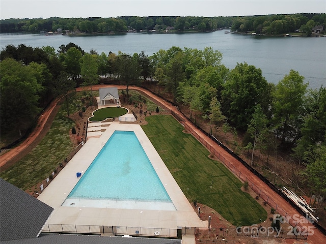 7441 Fighting Creek Rd Unit 30, Sherrills Ford, NC 28673 - pool featuring a lawn, a water view, and fence