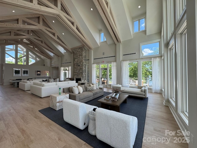 7441 Fighting Creek Rd Unit 30, Sherrills Ford, NC 28673 - living room with high vaulted ceiling, beam ceiling, ornate columns, light wood-style floors, and recessed lighting
