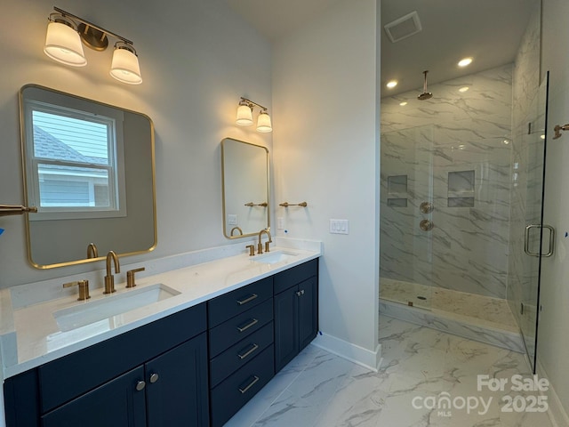 7441 Fighting Creek Rd Unit 30, Sherrills Ford, NC 28673 - bathroom with a marble finish shower, marble look tile flooring, double vanity, and recessed lighting