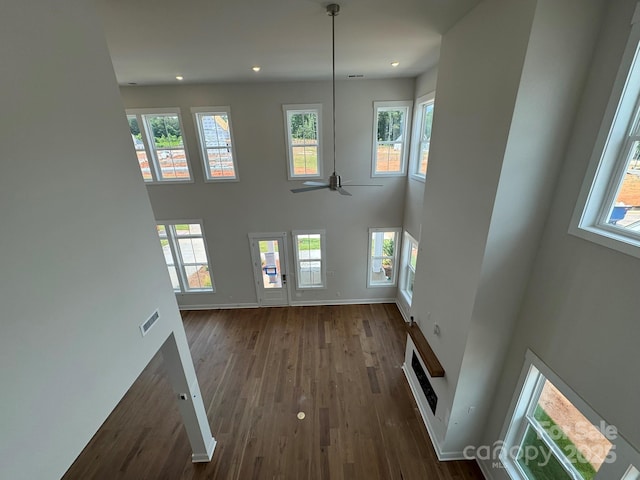 7441 Fighting Creek Rd Unit 30, Sherrills Ford, NC 28673 - unfurnished living room featuring a high ceiling, plenty of natural light, dark wood finished floors, recessed lighting, and ceiling fan