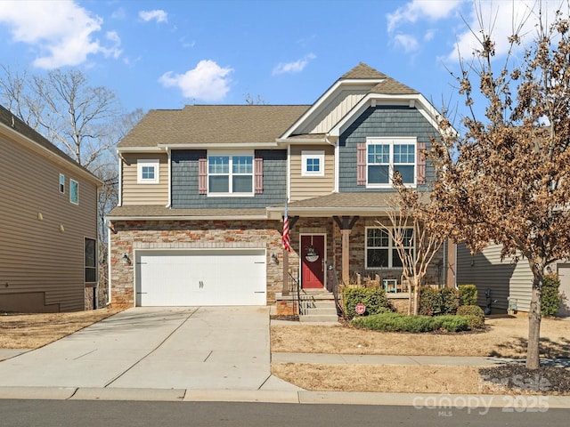 craftsman-style house featuring a porch, concrete driveway, board and batten siding, a garage, and stone siding