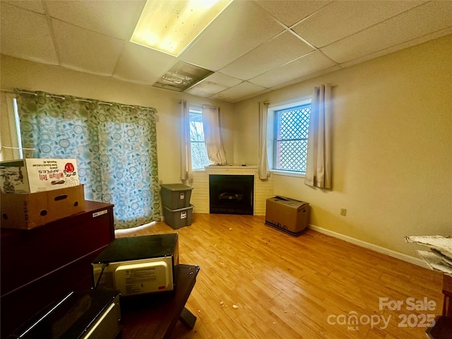 sitting room with a paneled ceiling, a fireplace, baseboards, and wood finished floors