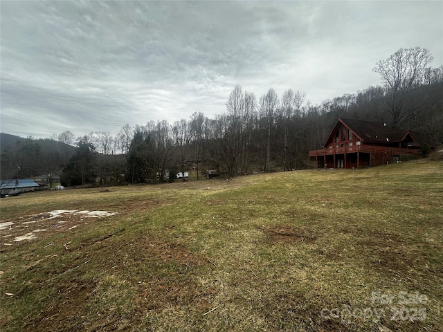 view of yard featuring a forest view