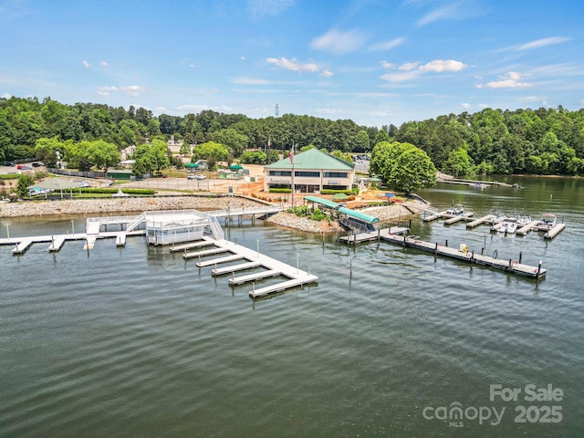 dock area featuring a water view and a wooded view
