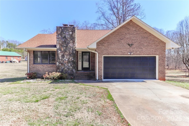 single story home with a garage, brick siding, driveway, roof with shingles, and a chimney