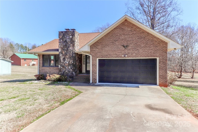 ranch-style house featuring concrete driveway, brick siding, a chimney, and an attached garage