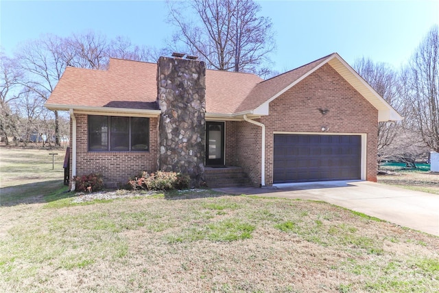 ranch-style home with a garage, driveway, a chimney, roof with shingles, and brick siding